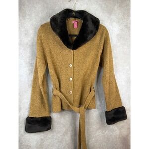 Joujou Cardigan Sweater Womens Large Tan Faux Fur Trim Tie Waist Y2K Knit